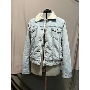 Women's Sz Large Distressed Thick Bomber Oversized Sherpa-Lined Denim Jacket